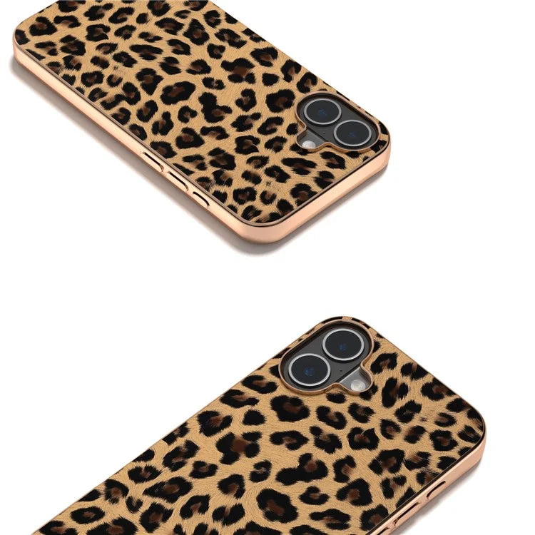 For iPhone 16 Plus Case Electroplating Leopard Pattern PU+TPU Phone Cover