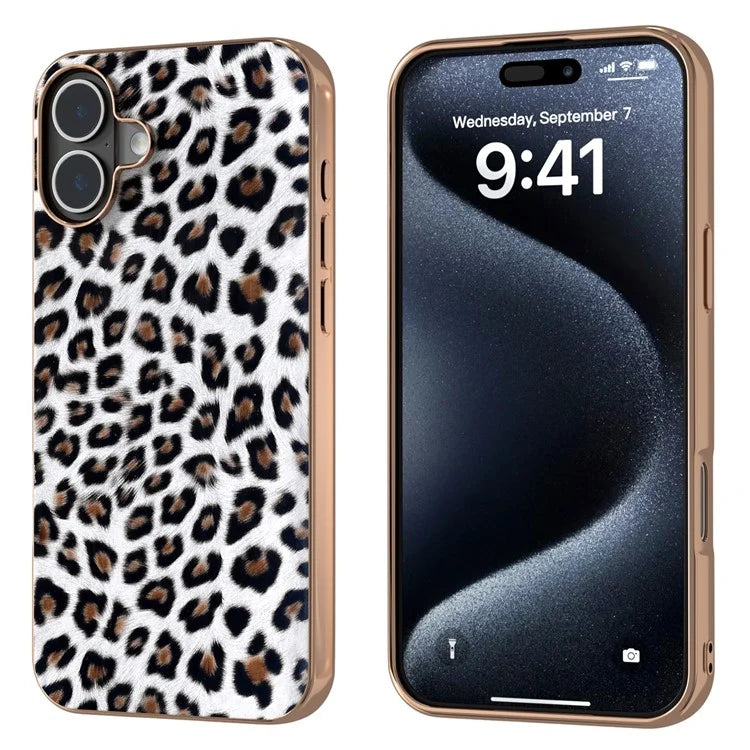 For iPhone 16 Plus Case Electroplating Leopard Pattern PU+TPU Phone Cover