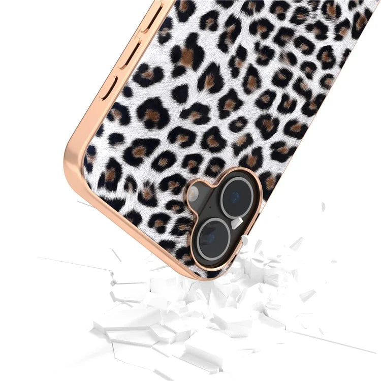 For iPhone 16 Plus Case Electroplating Leopard Pattern PU+TPU Phone Cover