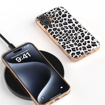 For iPhone 16 Plus Case Electroplating Leopard Pattern PU+TPU Phone Cover