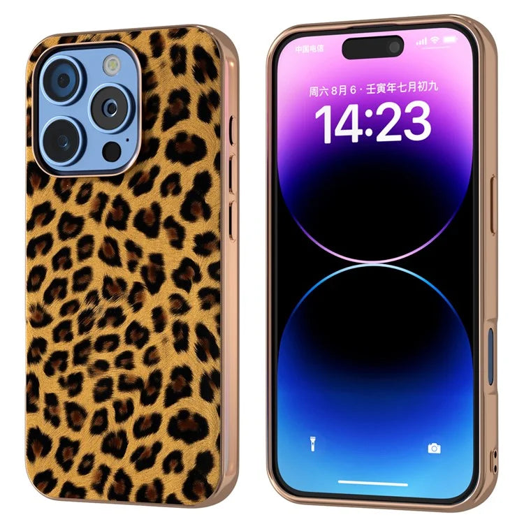 For iPhone 16 Pro Max Case Electroplating Leopard Pattern PU+TPU Phone Cover