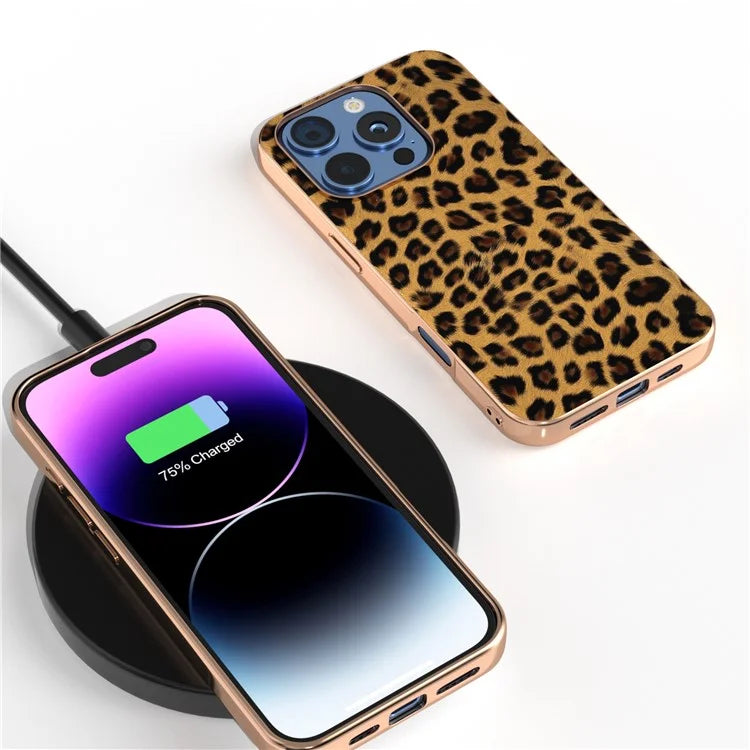 For iPhone 16 Pro Max Case Electroplating Leopard Pattern PU+TPU Phone Cover