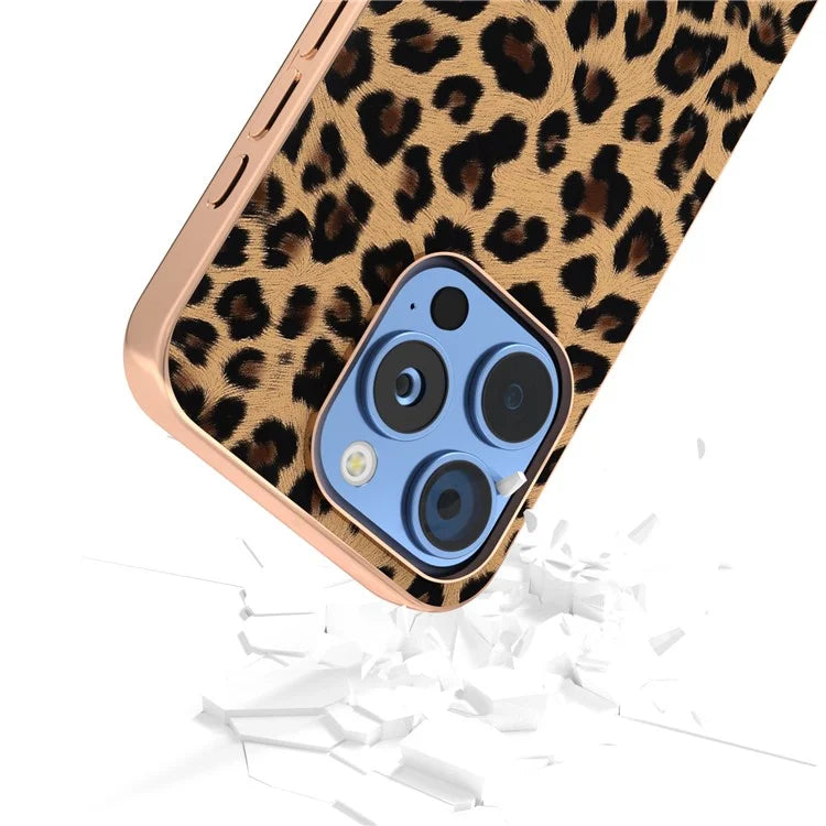 For iPhone 16 Pro Max Case Electroplating Leopard Pattern PU+TPU Phone Cover