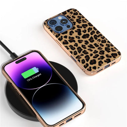 For iPhone 16 Pro Max Case Electroplating Leopard Pattern PU+TPU Phone Cover