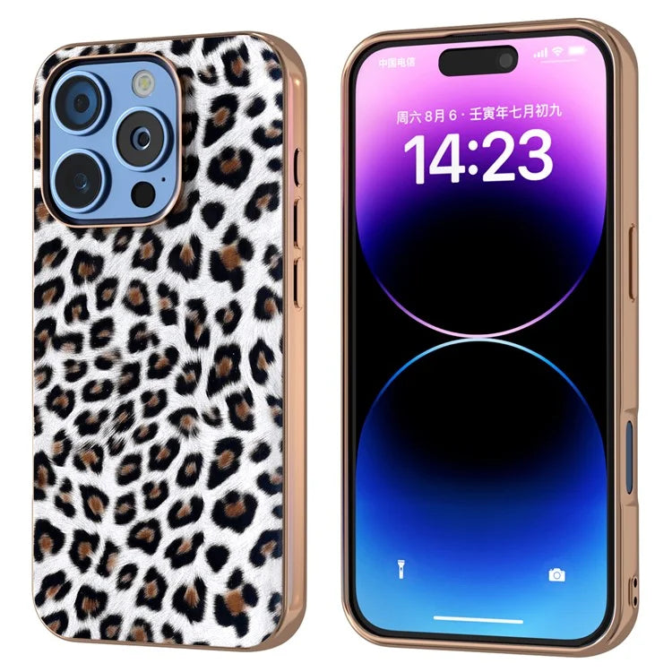 For iPhone 16 Pro Max Case Electroplating Leopard Pattern PU+TPU Phone Cover