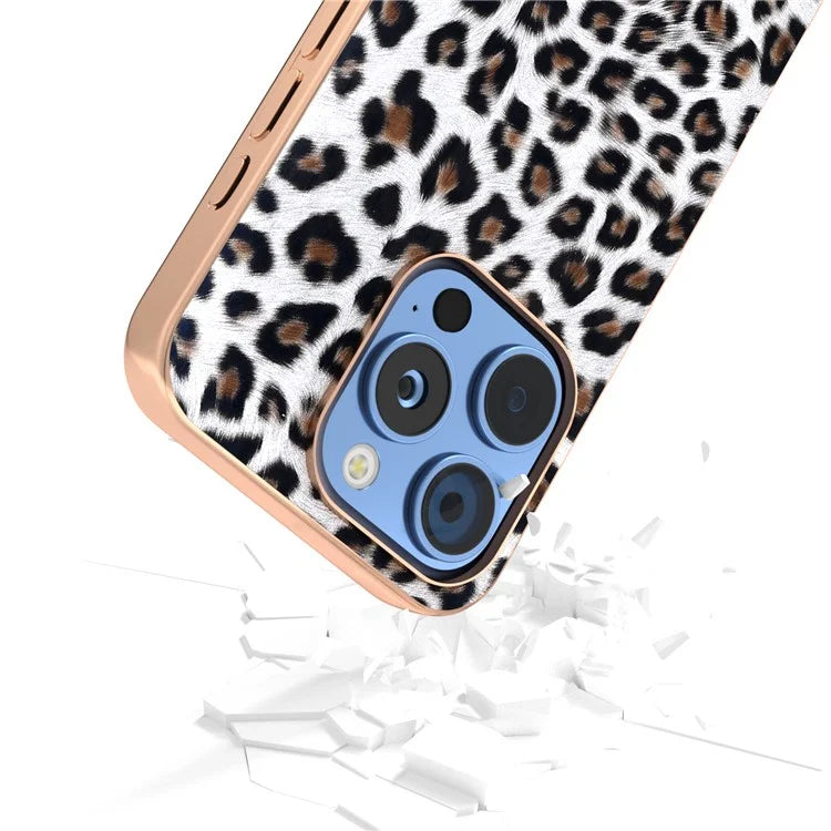 For iPhone 16 Pro Max Case Electroplating Leopard Pattern PU+TPU Phone Cover
