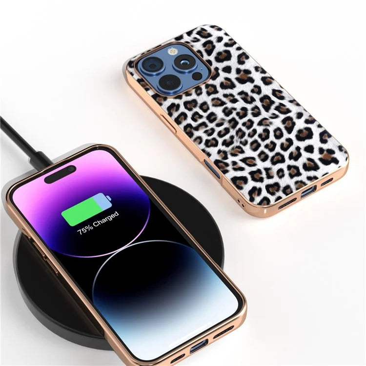 For iPhone 16 Pro Max Case Electroplating Leopard Pattern PU+TPU Phone Cover