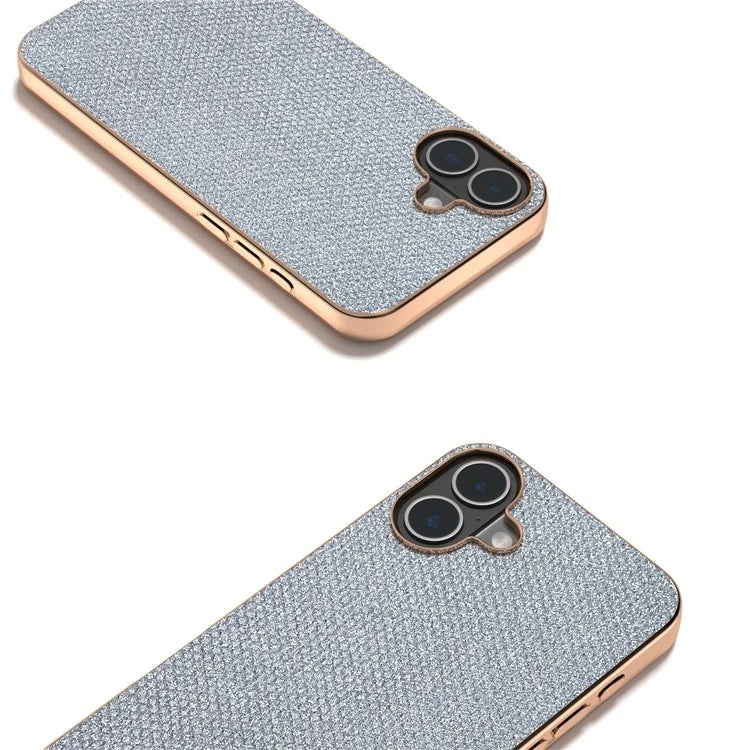 For iPhone 16 Case Rhinestone Texture PU+TPU Phone Cover Electroplating Edge