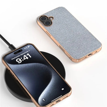 For iPhone 16 Case Rhinestone Texture PU+TPU Phone Cover Electroplating Edge