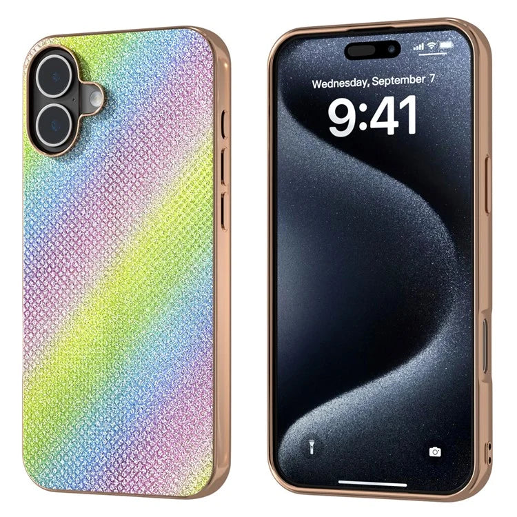 For iPhone 16 Case Rhinestone Texture PU+TPU Phone Cover Electroplating Edge