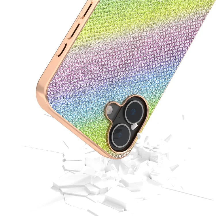For iPhone 16 Case Rhinestone Texture PU+TPU Phone Cover Electroplating Edge