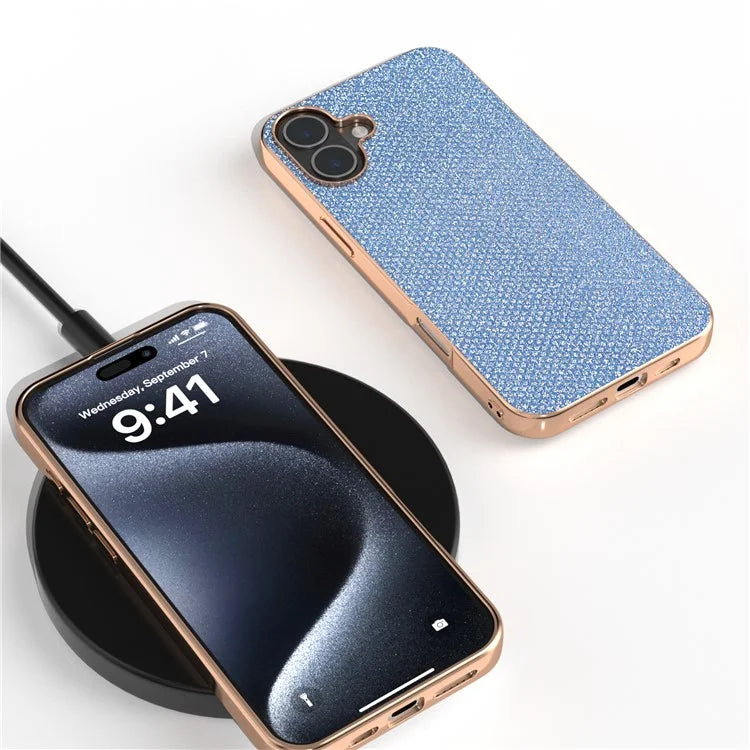 For iPhone 16 Case Rhinestone Texture PU+TPU Phone Cover Electroplating Edge