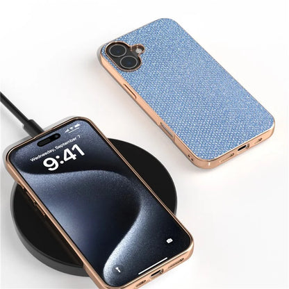 For iPhone 16 Case Rhinestone Texture PU+TPU Phone Cover Electroplating Edge