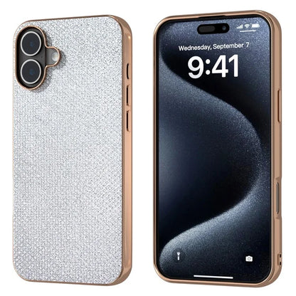 For iPhone 16 Case Rhinestone Texture PU+TPU Phone Cover Electroplating Edge