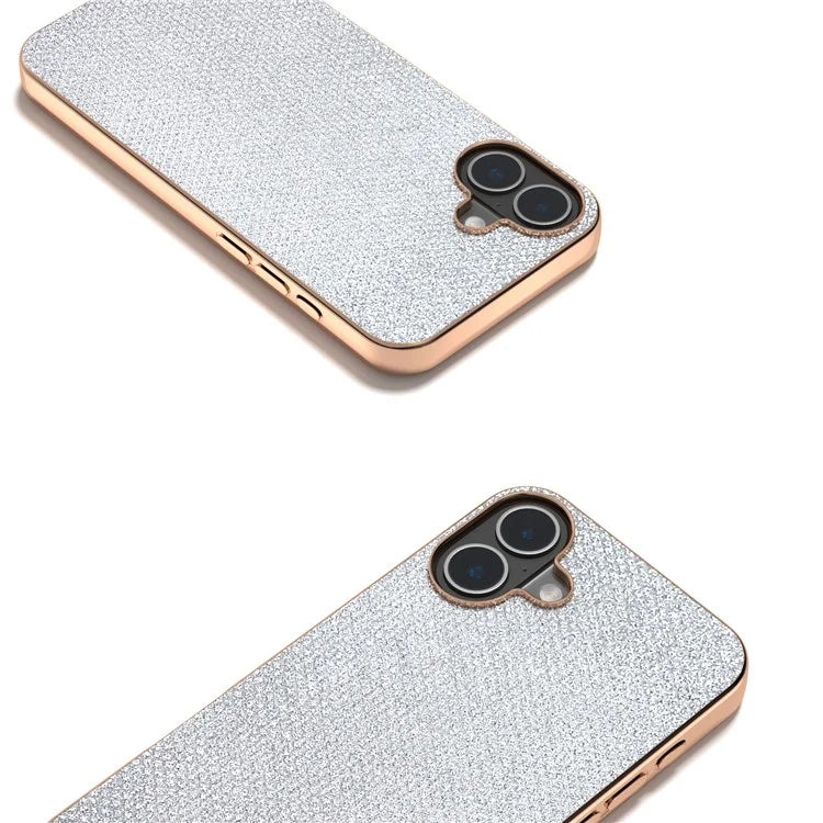 For iPhone 16 Case Rhinestone Texture PU+TPU Phone Cover Electroplating Edge