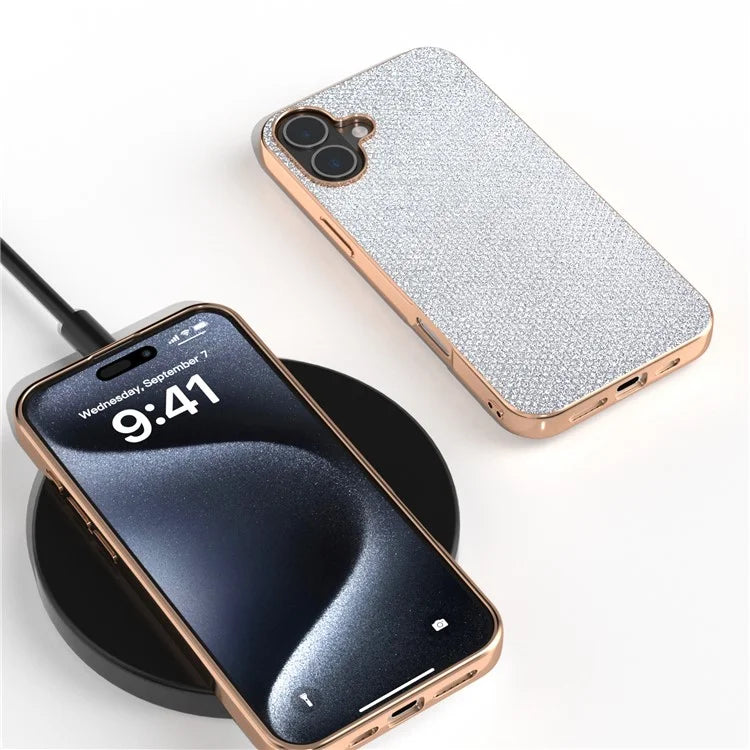 For iPhone 16 Case Rhinestone Texture PU+TPU Phone Cover Electroplating Edge