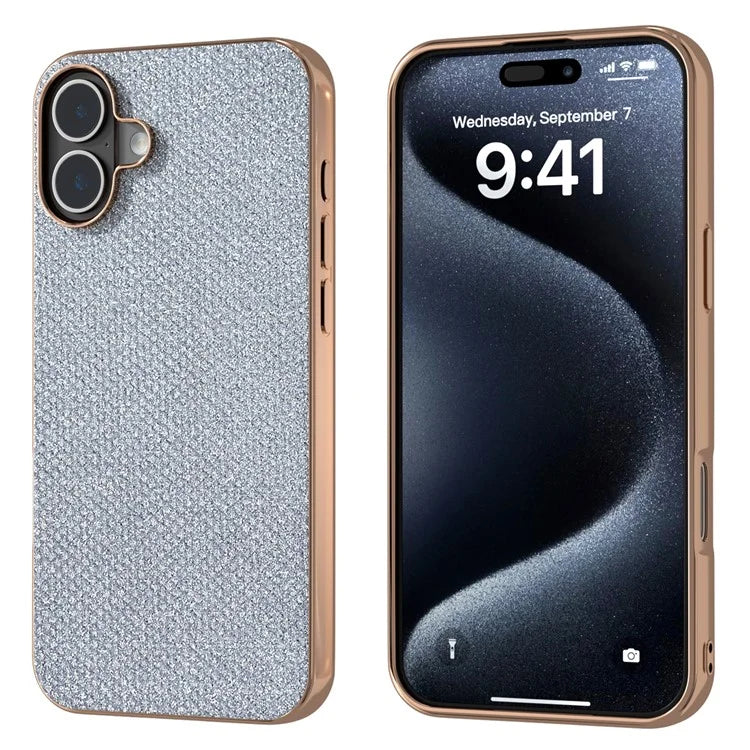 For iPhone 16 Plus Case Rhinestone Texture PU+TPU Phone Cover Electroplating Edge