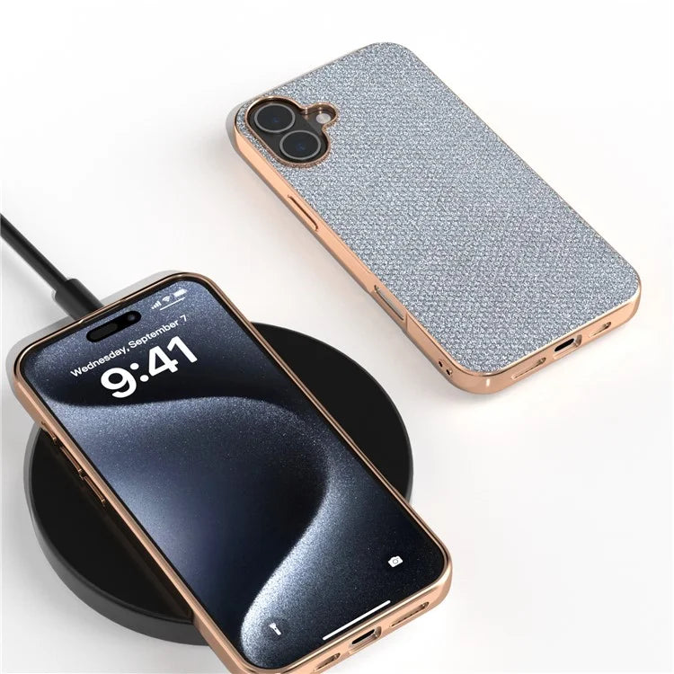 For iPhone 16 Plus Case Rhinestone Texture PU+TPU Phone Cover Electroplating Edge
