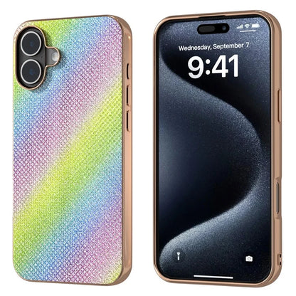 For iPhone 16 Plus Case Rhinestone Texture PU+TPU Phone Cover Electroplating Edge
