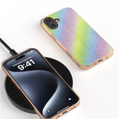 For iPhone 16 Plus Case Rhinestone Texture PU+TPU Phone Cover Electroplating Edge