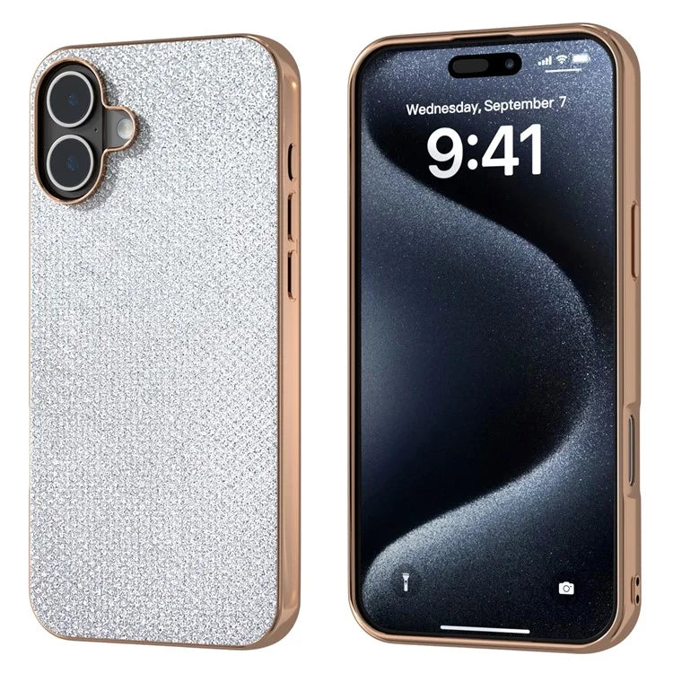 For iPhone 16 Plus Case Rhinestone Texture PU+TPU Phone Cover Electroplating Edge