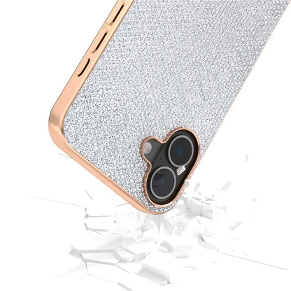 For iPhone 16 Plus Case Rhinestone Texture PU+TPU Phone Cover Electroplating Edge