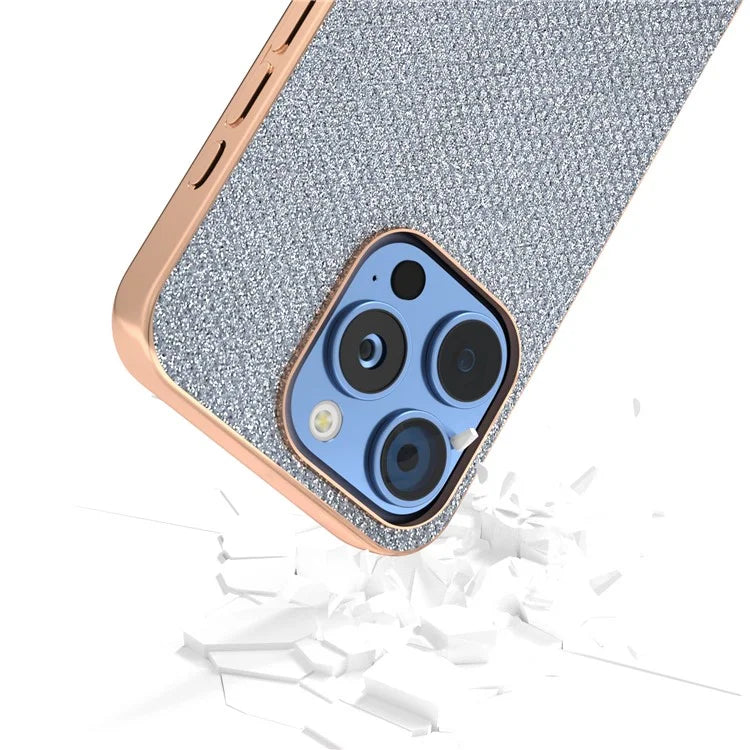 For iPhone 16 Pro Case Rhinestone Texture PU+TPU Phone Cover Electroplating Edge