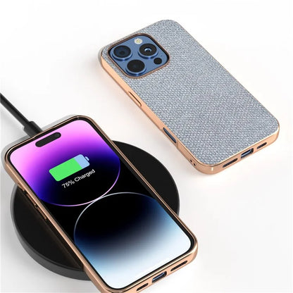 For iPhone 16 Pro Case Rhinestone Texture PU+TPU Phone Cover Electroplating Edge