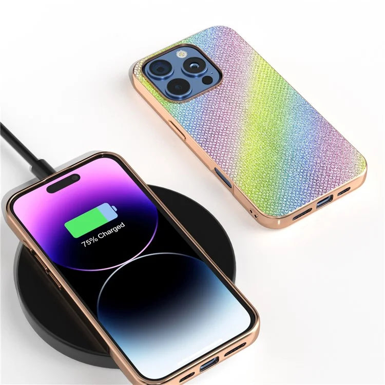 For iPhone 16 Pro Case Rhinestone Texture PU+TPU Phone Cover Electroplating Edge