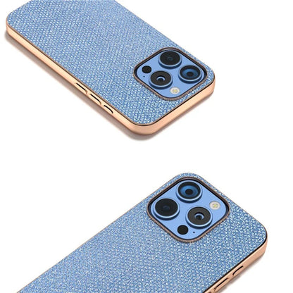 For iPhone 16 Pro Case Rhinestone Texture PU+TPU Phone Cover Electroplating Edge