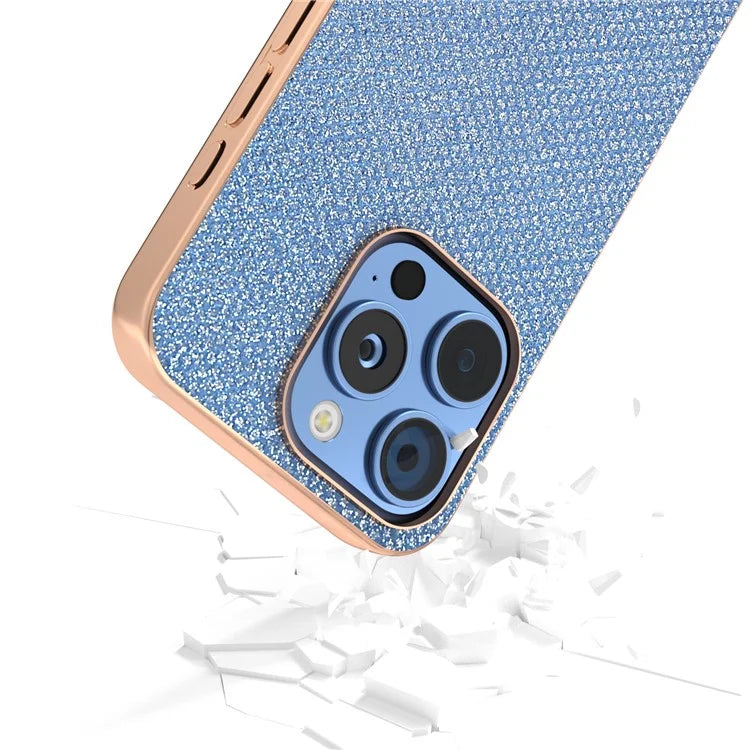 For iPhone 16 Pro Case Rhinestone Texture PU+TPU Phone Cover Electroplating Edge