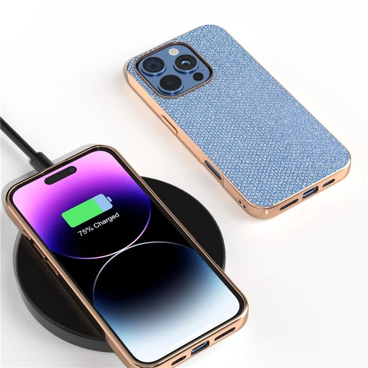 For iPhone 16 Pro Case Rhinestone Texture PU+TPU Phone Cover Electroplating Edge