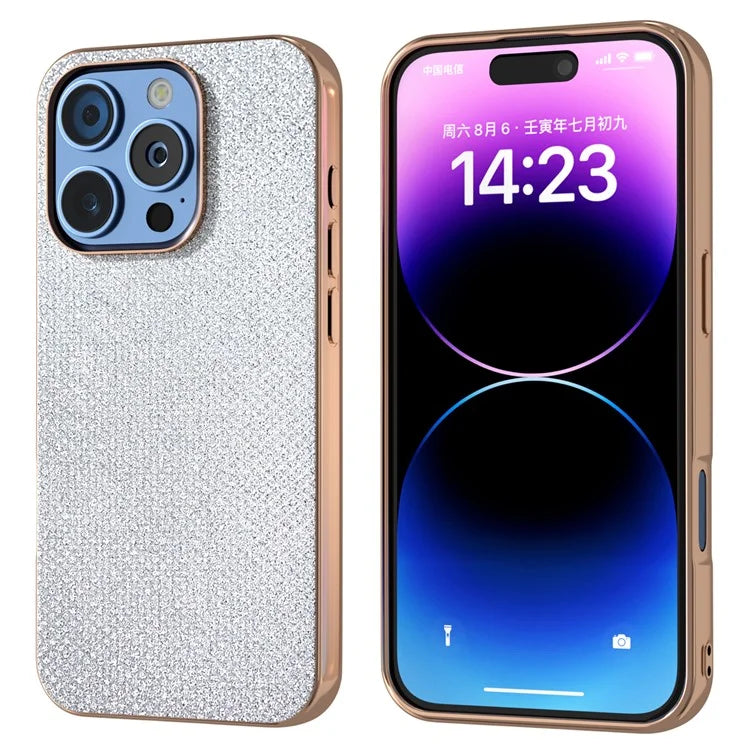 For iPhone 16 Pro Case Rhinestone Texture PU+TPU Phone Cover Electroplating Edge