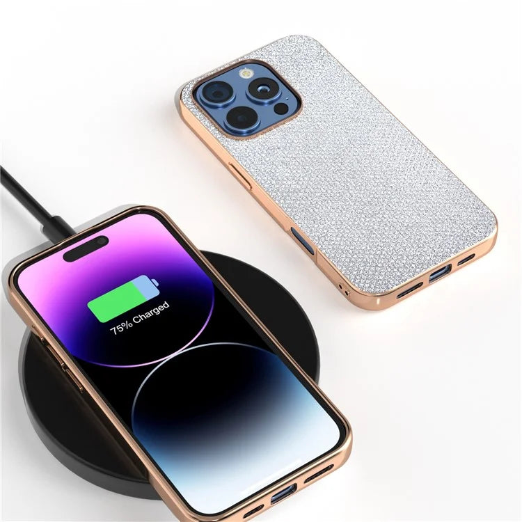 For iPhone 16 Pro Case Rhinestone Texture PU+TPU Phone Cover Electroplating Edge