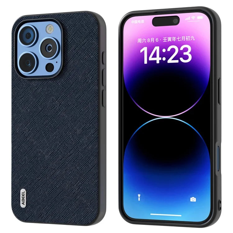 ABEEL For iPhone 16 Pro Max Case Cross Texture Genuine Cow Leather Hybrid Phone Case