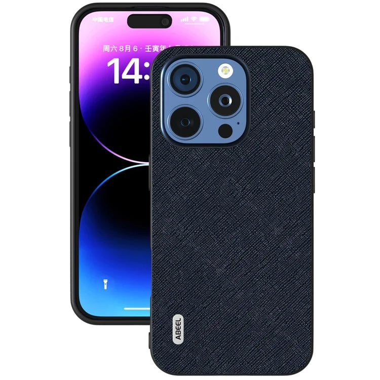 ABEEL For iPhone 16 Pro Max Case Cross Texture Genuine Cow Leather Hybrid Phone Case