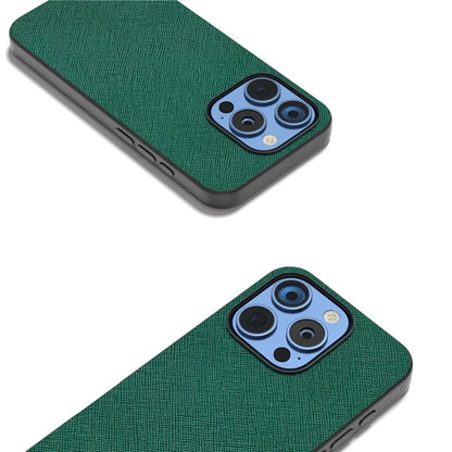 ABEEL For iPhone 16 Pro Max Case Cross Texture Genuine Cow Leather Hybrid Phone Case