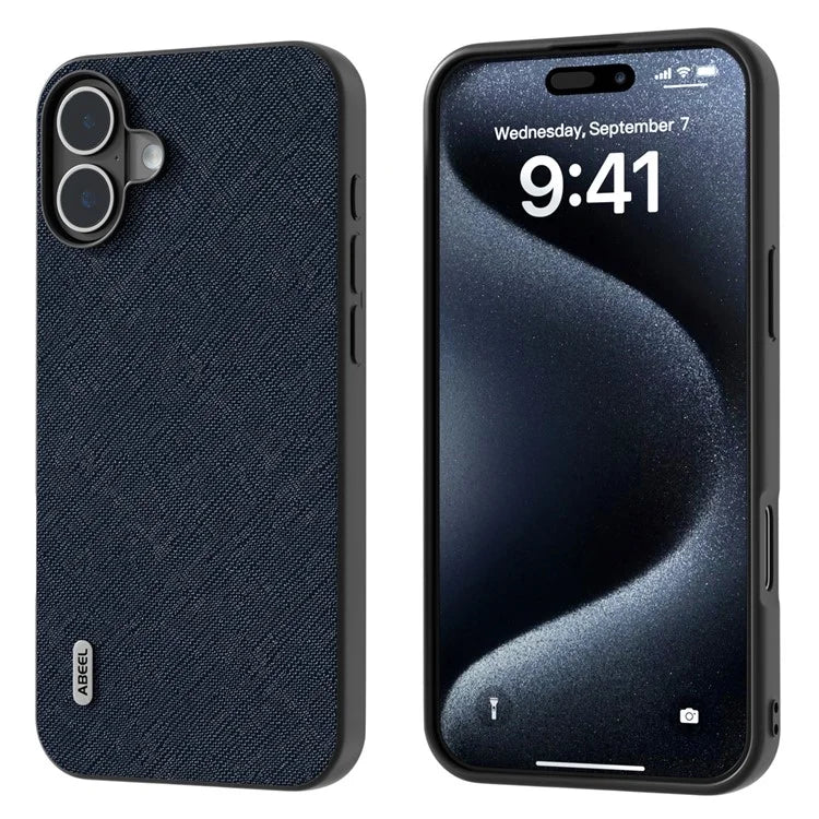 ABEEL For iPhone 16 Plus Case Cross Texture Genuine Cow Leather Hybrid Phone Case