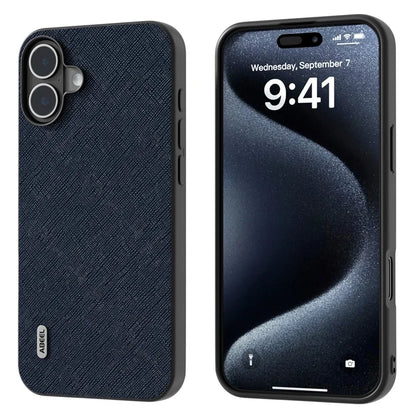 ABEEL For iPhone 16 Plus Case Cross Texture Genuine Cow Leather Hybrid Phone Case