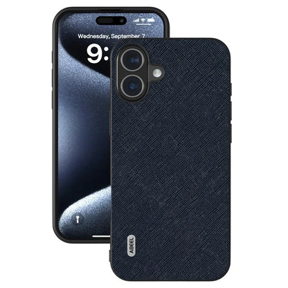 ABEEL For iPhone 16 Plus Case Cross Texture Genuine Cow Leather Hybrid Phone Case