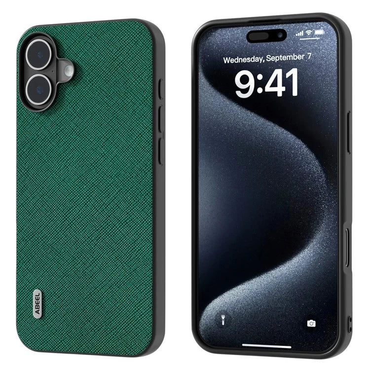 ABEEL For iPhone 16 Plus Case Cross Texture Genuine Cow Leather Hybrid Phone Case