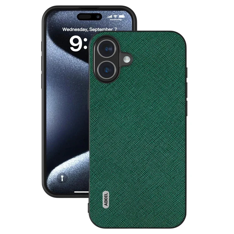 ABEEL For iPhone 16 Plus Case Cross Texture Genuine Cow Leather Hybrid Phone Case