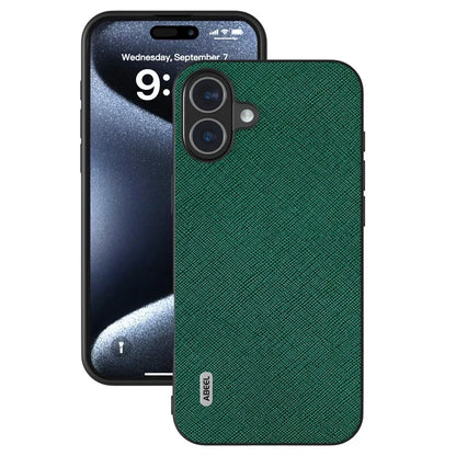 ABEEL For iPhone 16 Plus Case Cross Texture Genuine Cow Leather Hybrid Phone Case