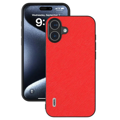 ABEEL For iPhone 16 Plus Case Cross Texture Genuine Cow Leather Hybrid Phone Case