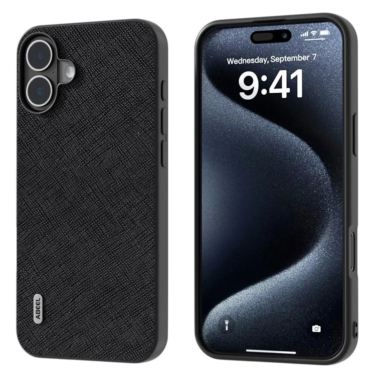 ABEEL For iPhone 16 Plus Case Cross Texture Genuine Cow Leather Hybrid Phone Case