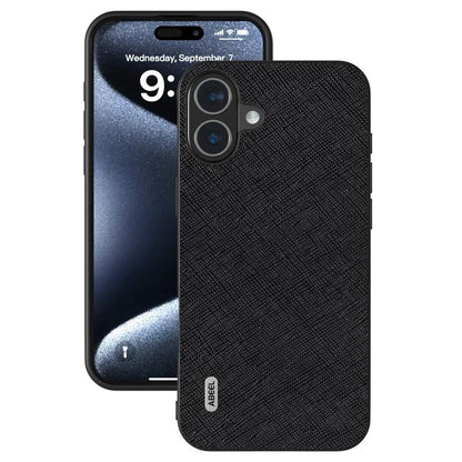 ABEEL For iPhone 16 Plus Case Cross Texture Genuine Cow Leather Hybrid Phone Case