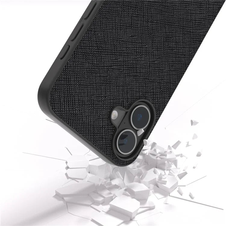 ABEEL For iPhone 16 Plus Case Cross Texture Genuine Cow Leather Hybrid Phone Case
