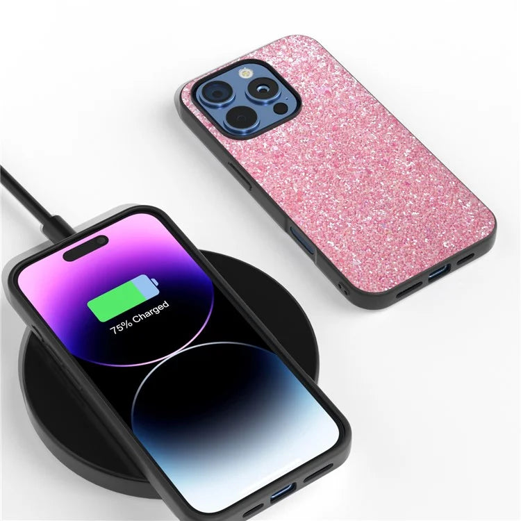 For iPhone 16 Pro Max Case Glitter PU Covered PC+TPU Phone Shell