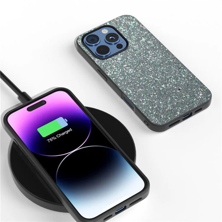 For iPhone 16 Pro Max Case Glitter PU Covered PC+TPU Phone Shell