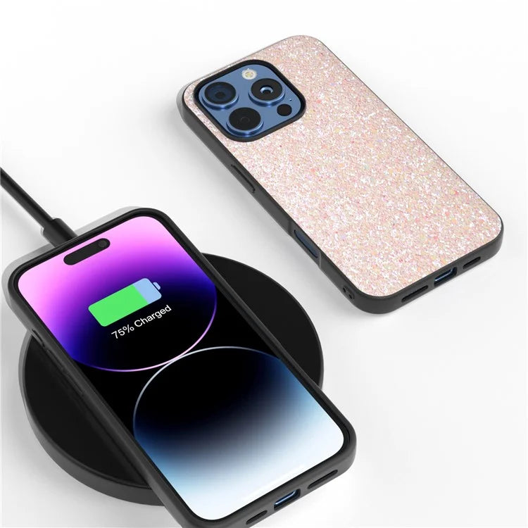 For iPhone 16 Pro Max Case Glitter PU Covered PC+TPU Phone Shell